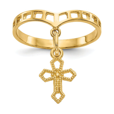 14k Yellow Gold Polished Cross Dangle Charm Ring
