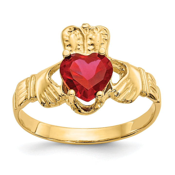 14k Yellow Gold July Birthstone Claddagh Ring