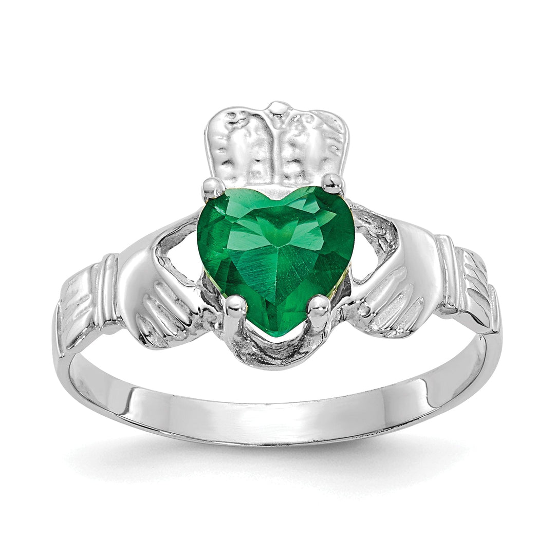 14k White Gold May Birthstone Claddagh Ring