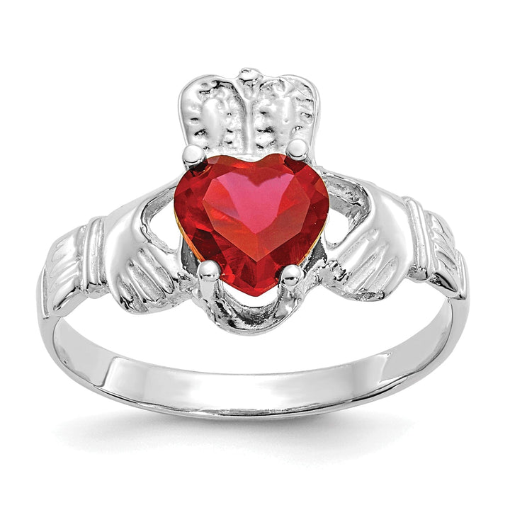 14k White Gold July Birthstone Claddagh Ring