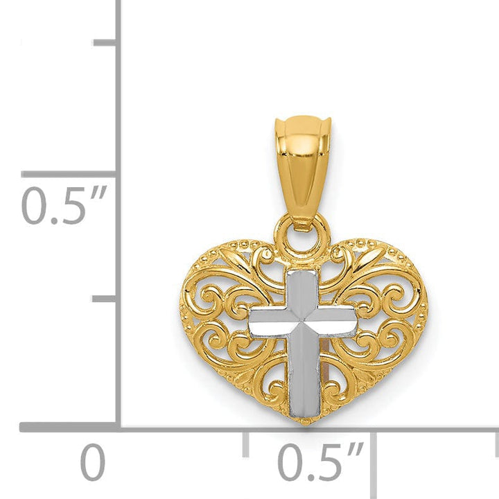 14k Yellow Gold Polished Finish Solid Concave Cross in Heart Pendant