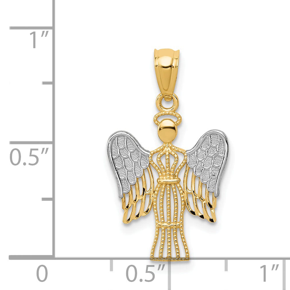 14k Yellow Gold White Rhodium Polished Texture Finish Angel Pendant