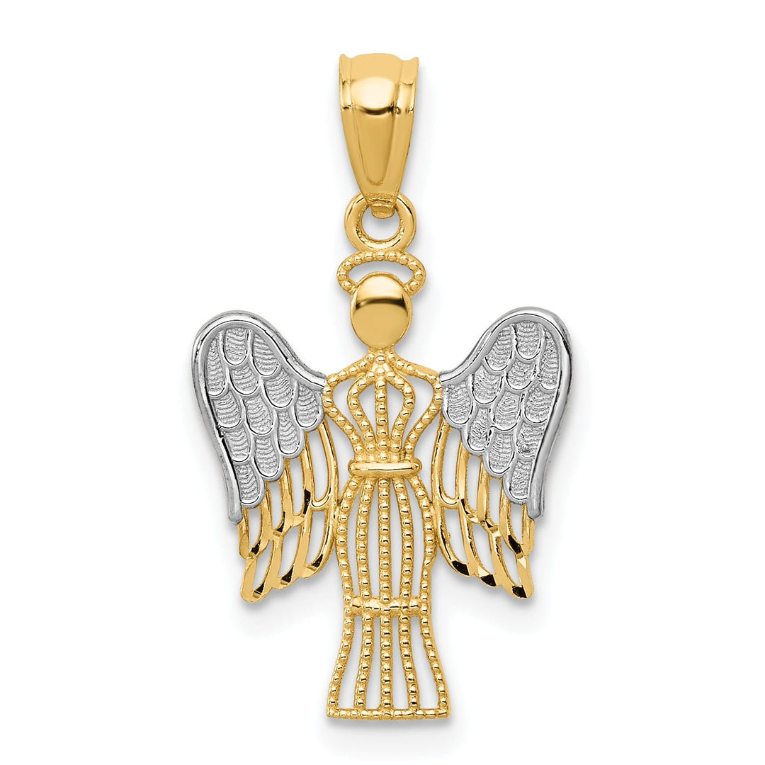 14k Yellow Gold White Rhodium Polished Texture Finish Angel Pendant