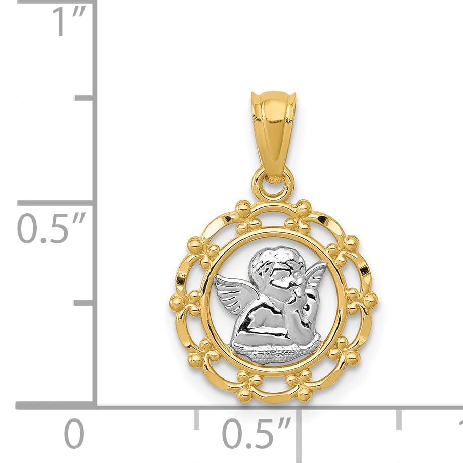 14K Yellow Gold Rhodium Angel Cherub On Concave Scallop Pendant