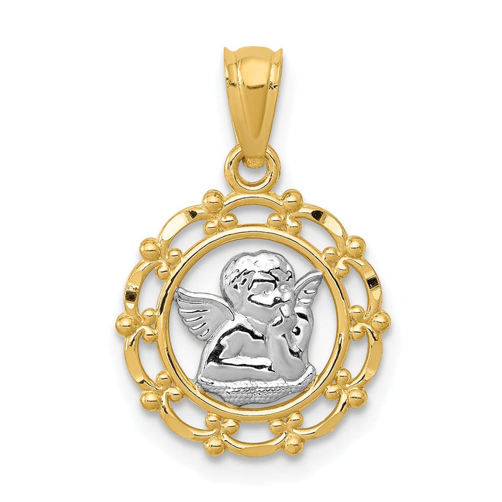 14K Yellow Gold Rhodium Angel Cherub On Concave Scallop Pendant