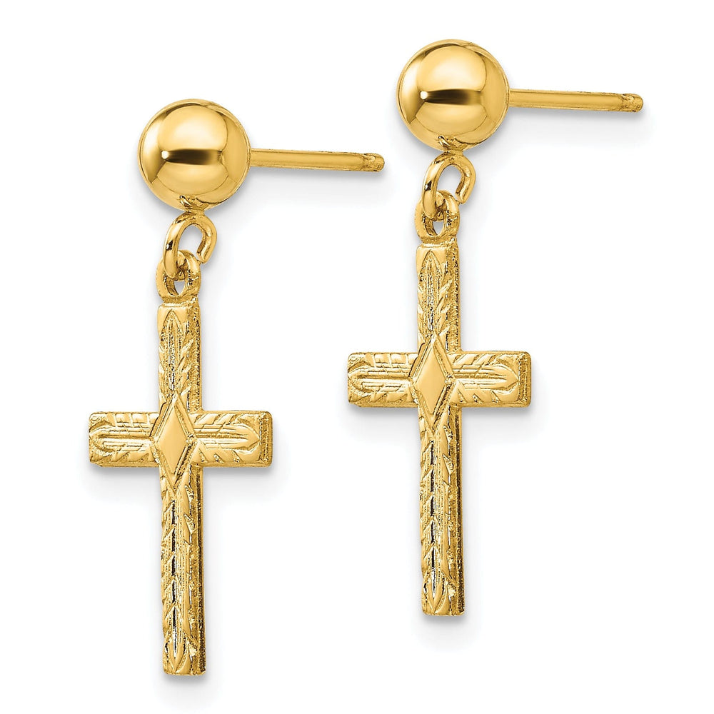 14k Yellow Gold Polished Textured Cross Earrings