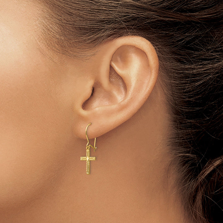 14k Yellow Gold Polished Satin Cross Earrings