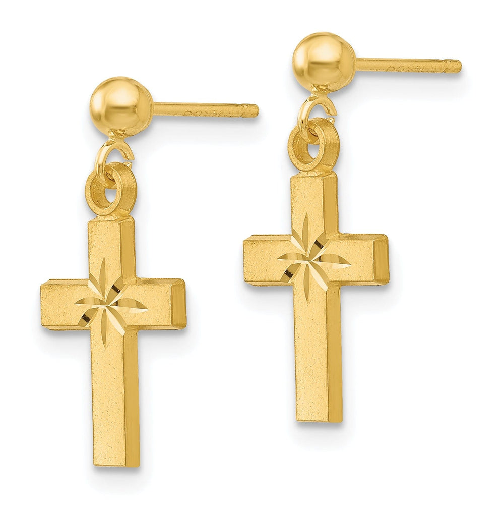 14k Yellow Gold Satin Diamond -Cut Cross Earring