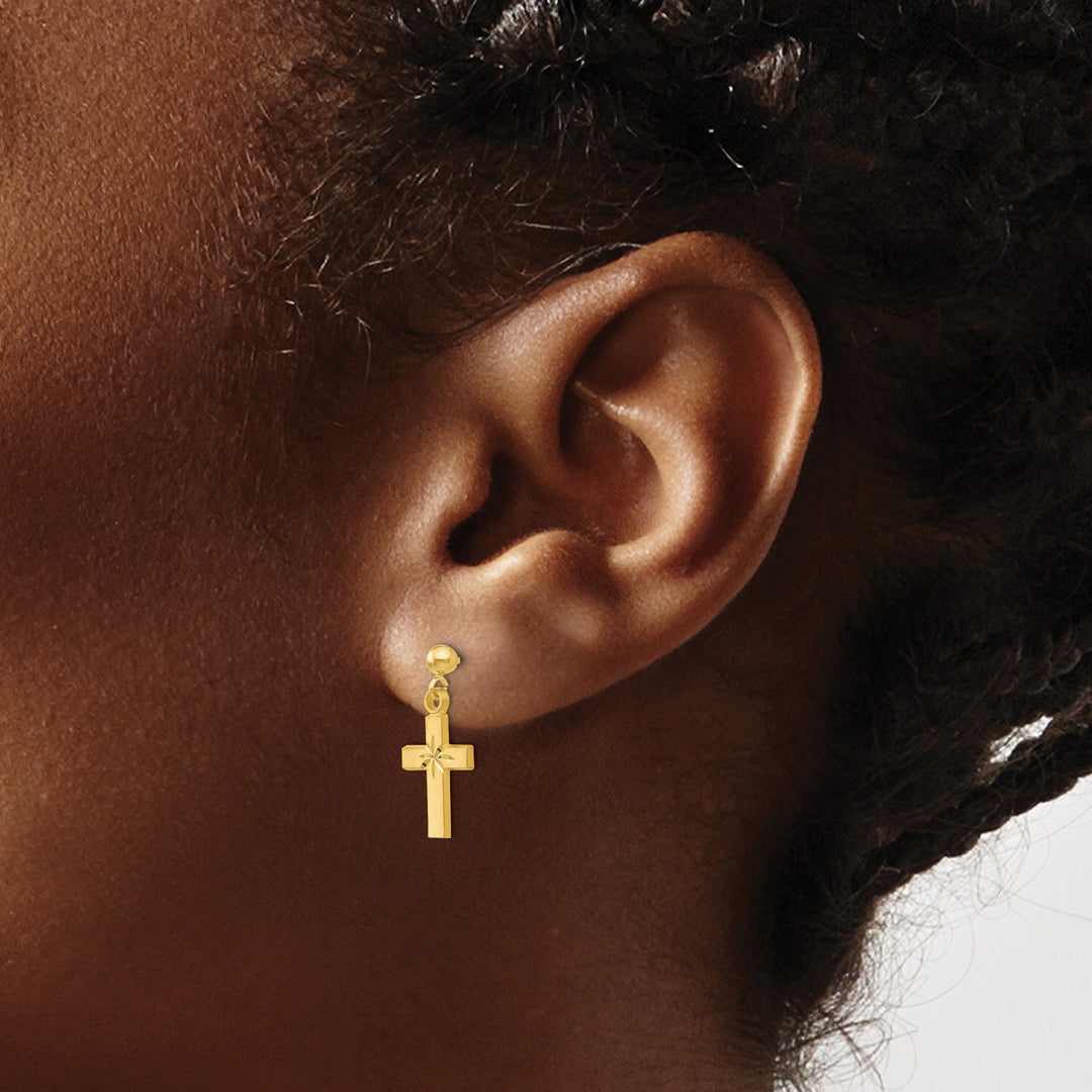 14k Yellow Gold Satin Diamond -Cut Cross Earring