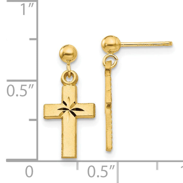 14k Yellow Gold Satin Diamond -Cut Cross Earring