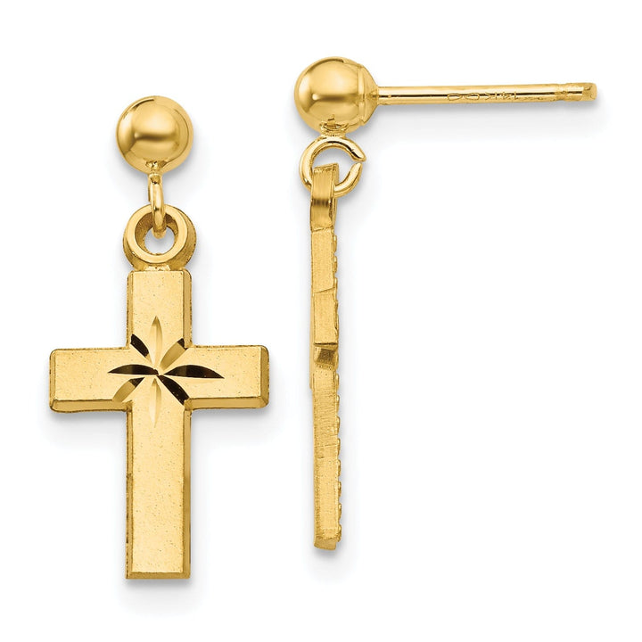 14k Yellow Gold Satin Diamond -Cut Cross Earring