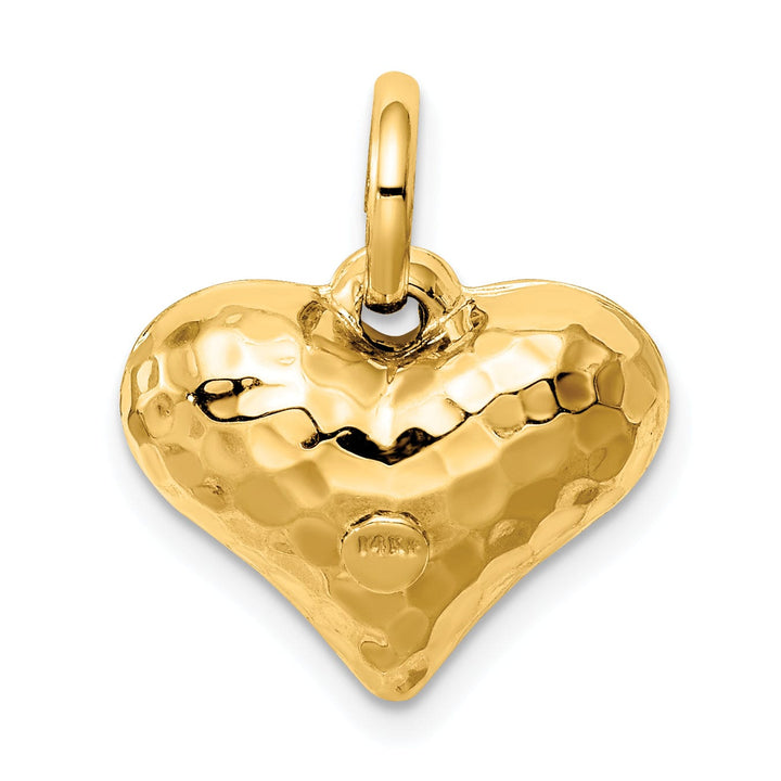 14K Yellow Gold Polished Hammered Finish 3-Dimenisonal Hollow Puff Heart Design Charm Pendant