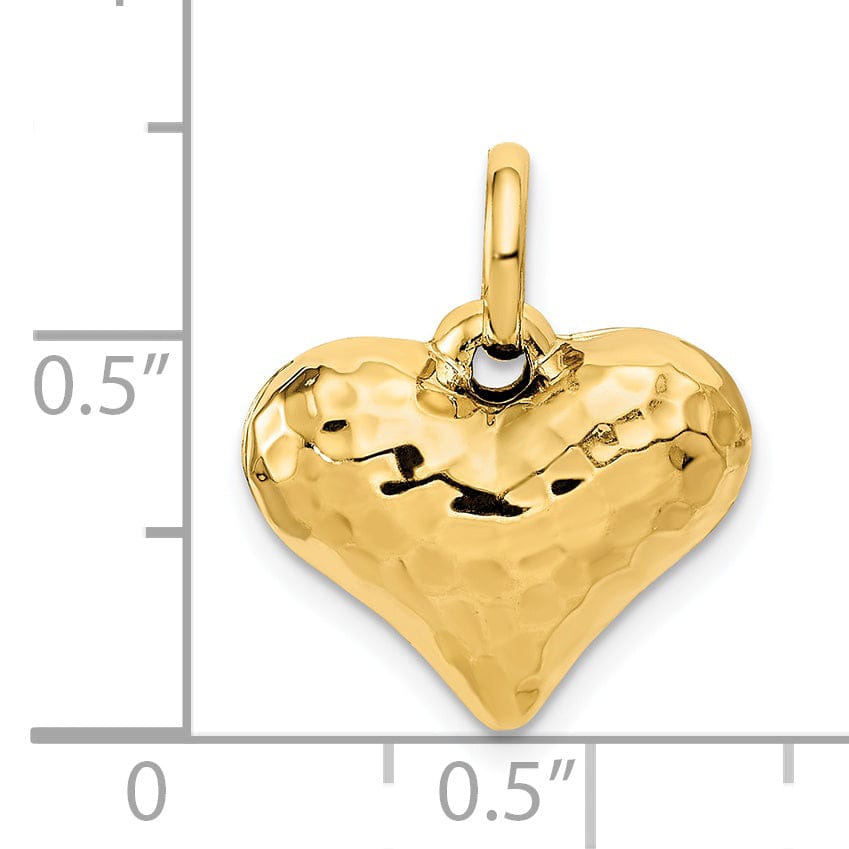 14K Yellow Gold Polished Hammered Finish 3-Dimenisonal Hollow Puff Heart Design Charm Pendant