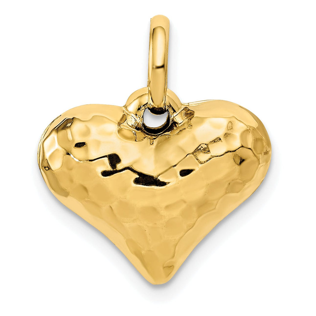 14K Yellow Gold Polished Hammered Finish 3-Dimenisonal Hollow Puff Heart Design Charm Pendant