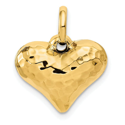 14K Yellow Gold Polished Hammered Finish 3-Dimenisonal Hollow Puff Heart Design Charm Pendant