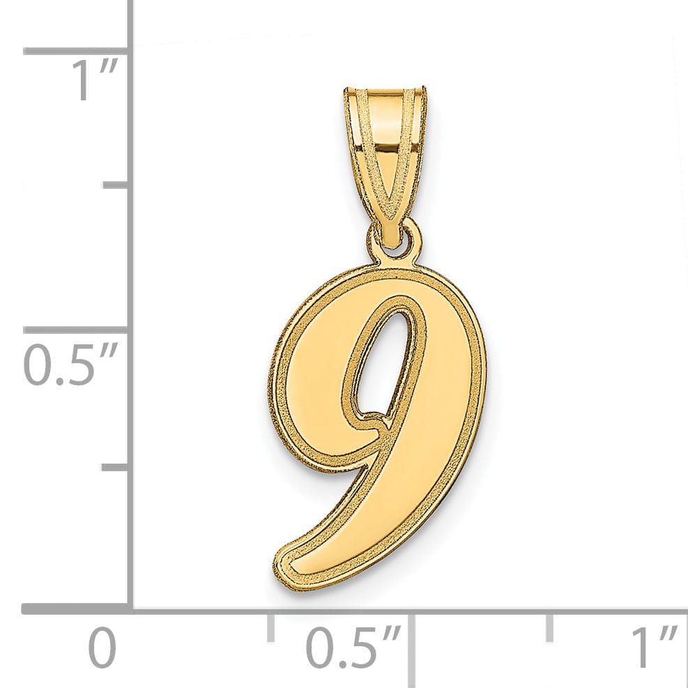 14k Yellow Gold Polished Finish Script Design Number 9 Charm Pendant