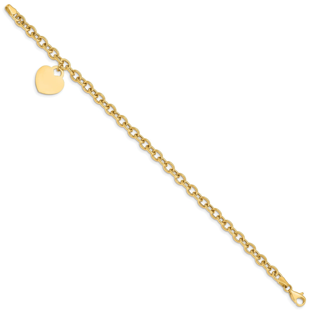 14k yellow gold link bracelet dangle heart charm 7.25-inch, 15-mm width