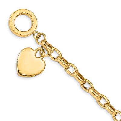 14k yellow gold link bracelet with dangle heart charm 7.5-inch length