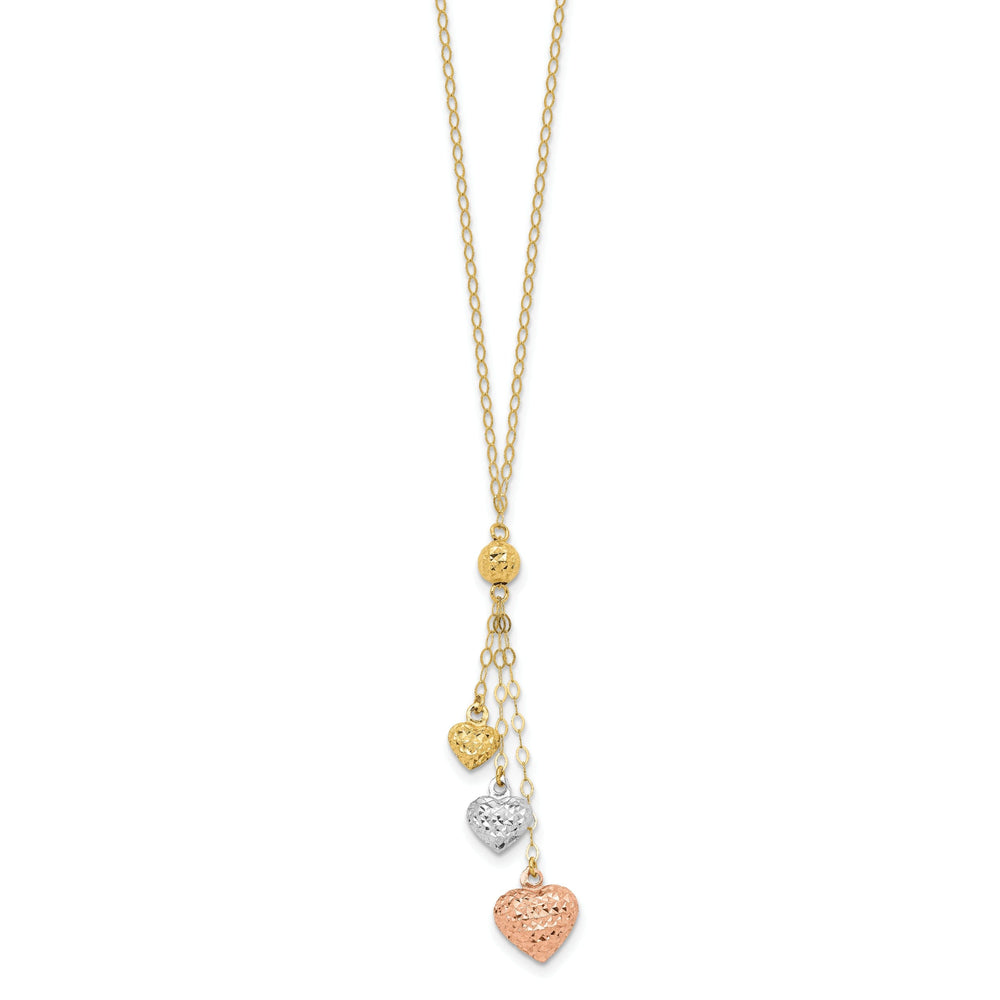 14k Tri-color Puff Heart Lariat Necklace