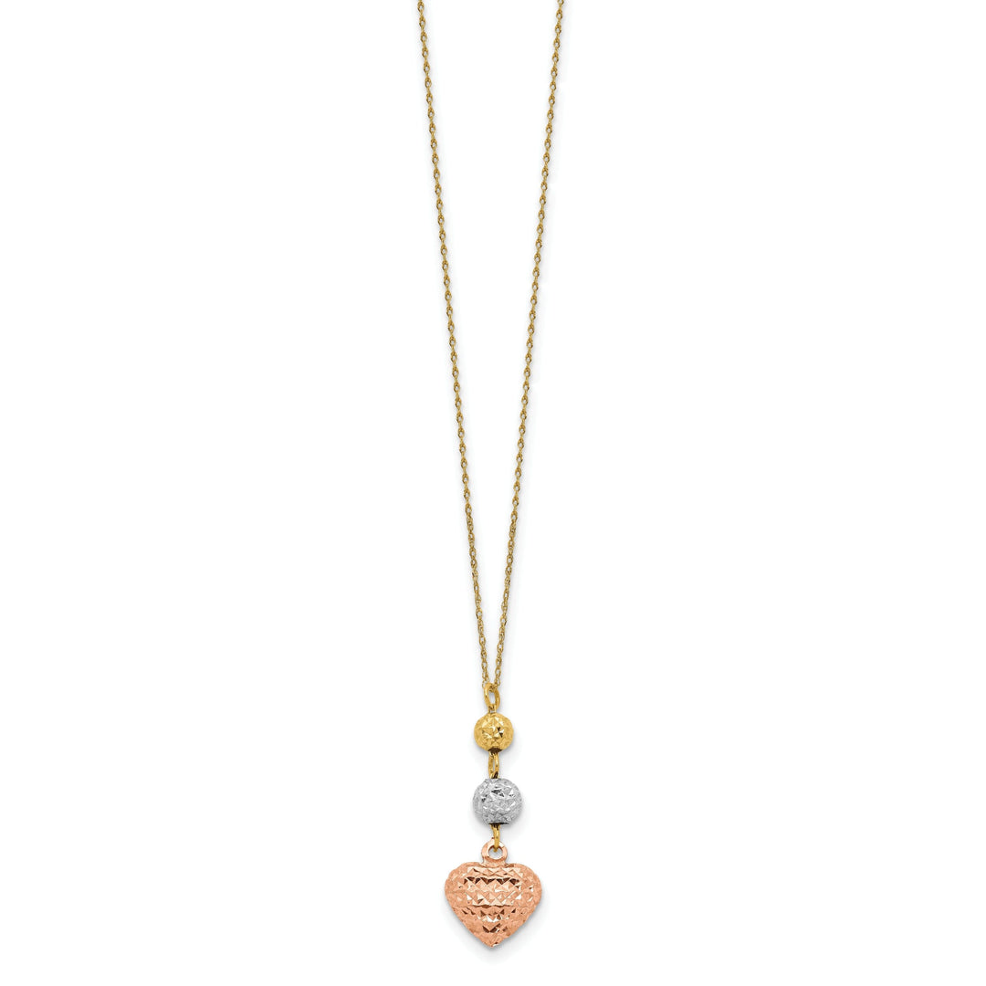 14K Tri Gold Polished Finish Solid Polished Diamond Cut Finish Beads & Heart Design with 2-inch Ext 16-inch Ropa Chain Necklace