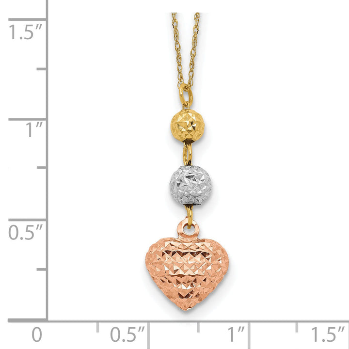 14K Tri Gold Polished Finish Solid Polished Diamond Cut Finish Beads & Heart Design with 2-inch Ext 16-inch Ropa Chain Necklace