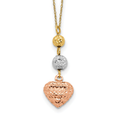 14K Tri Gold Polished Finish Solid Polished Diamond Cut Finish Beads & Heart Design with 2-inch Ext 16-inch Ropa Chain Necklace at $ 145.44 only from Jewelryshopping.com