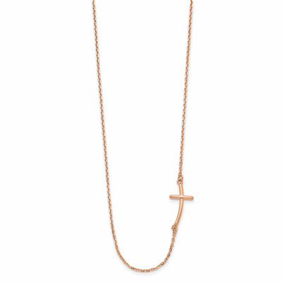 14k Rose Gold Polished Finish Sideways Curved Shape Cross Design Pendant in a 19-Inch Cable Chain Necklace Set