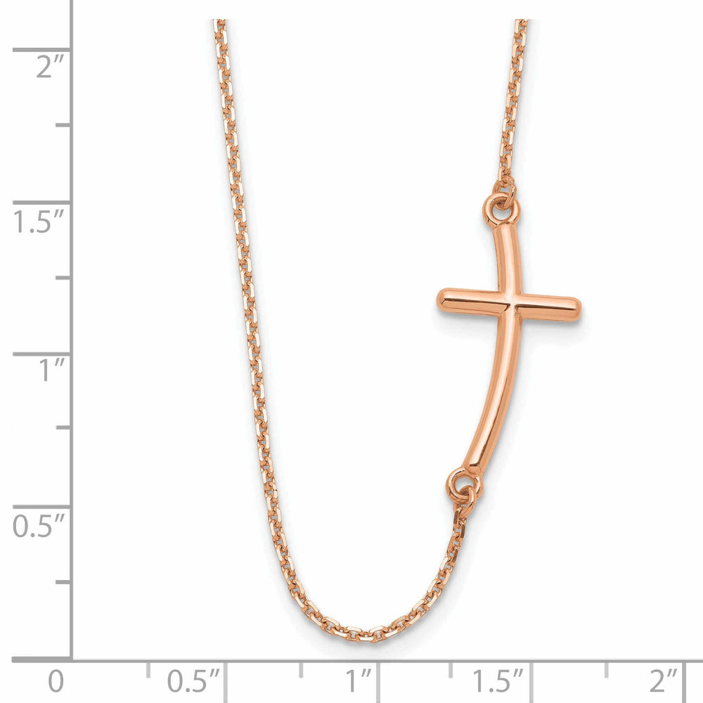 14k Rose Gold Polished Finish Large Size Sideways Curved Cross Design Pendant in a 19-Inch Cable Chain Necklace Set