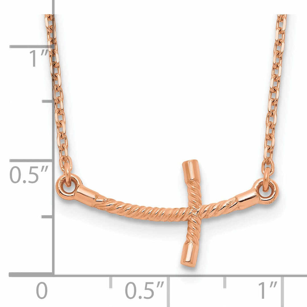 14k Rose Gold Polished Finish Small Size Sideways Curved Twist Design Cross Pendant in a 19-Inch Cable Chain Necklace Set