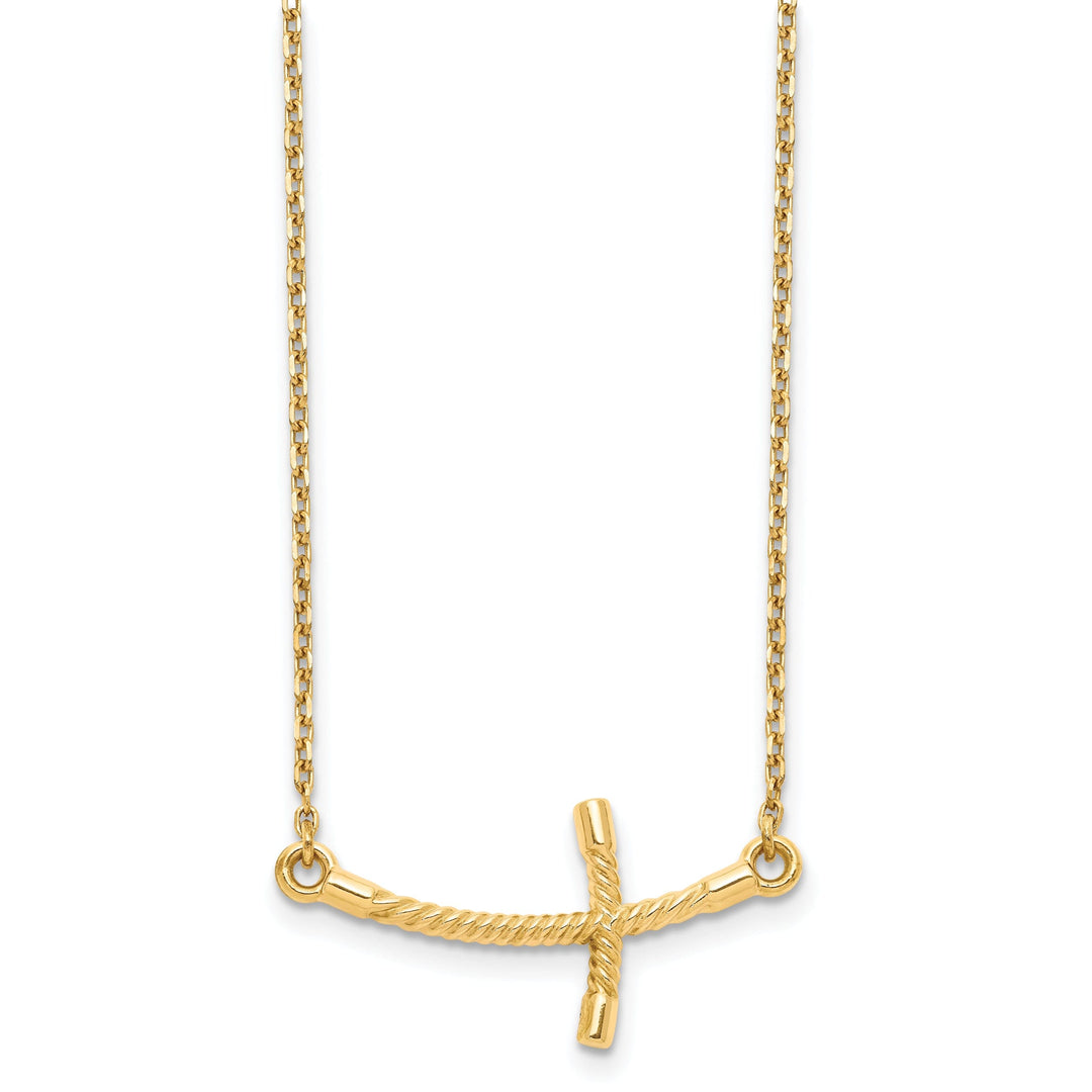 14k Yellow Gold Polished Finish Large Size Sideways Curved Twist Design Cross Pendant in a 19-Inch Cable Chain Necklace Set