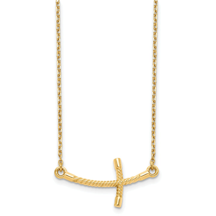 14k Yellow Gold Polished Finish Large Size Sideways Curved Twist Design Cross Pendant in a 19-Inch Cable Chain Necklace Set