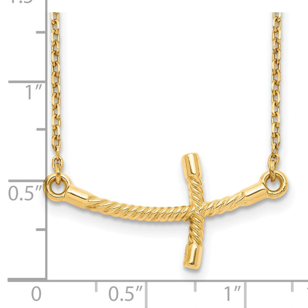 14k Yellow Gold Polished Finish Large Size Sideways Curved Twist Design Cross Pendant in a 19-Inch Cable Chain Necklace Set