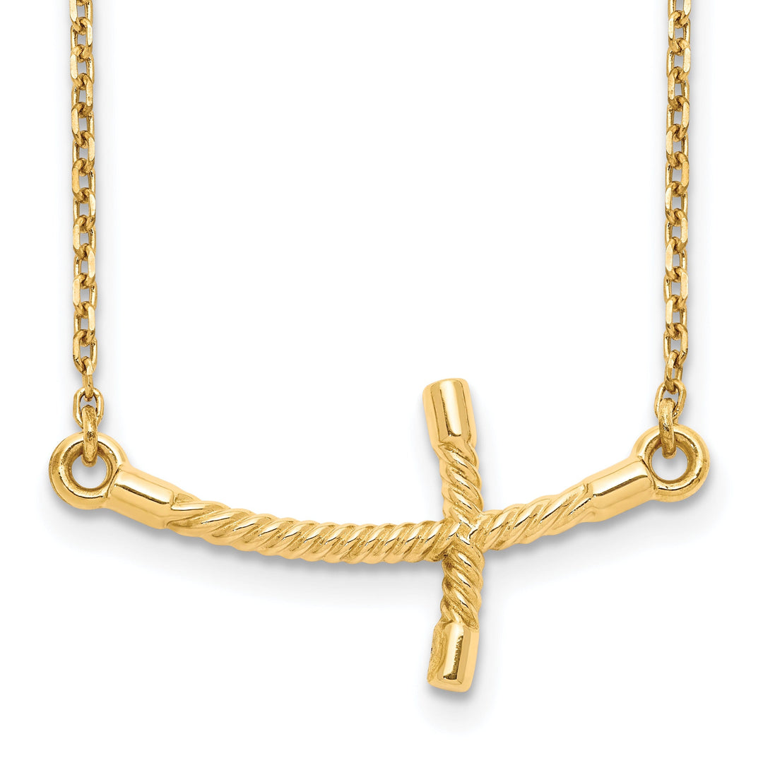 14k Yellow Gold Polished Finish Large Size Sideways Curved Twist Design Cross Pendant in a 19-Inch Cable Chain Necklace Set