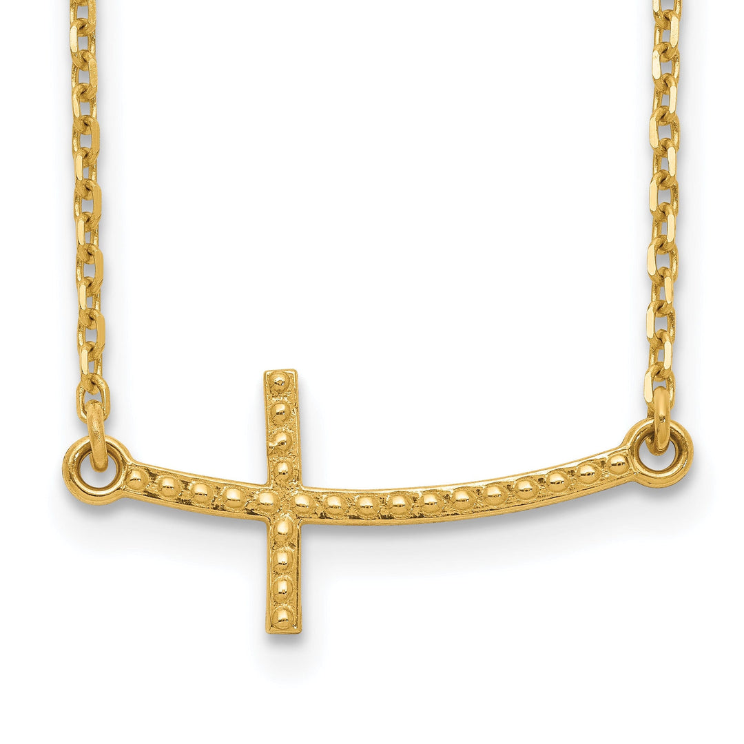 14k Yellow Gold Polished Textured Finish Sideways Curved Shape Cross Pendant in a 19-Inch Cable Chain Necklace Set