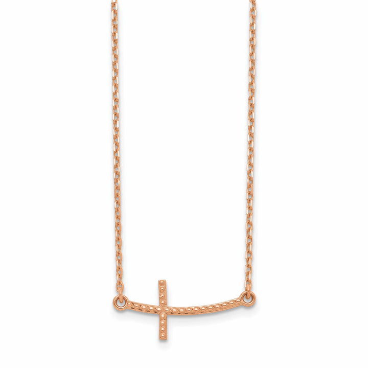 14k Rose Gold Polished Textured Finish Sideways Curved Shape Cross Pendant in a 19-Inch Cable Chain Necklace Set