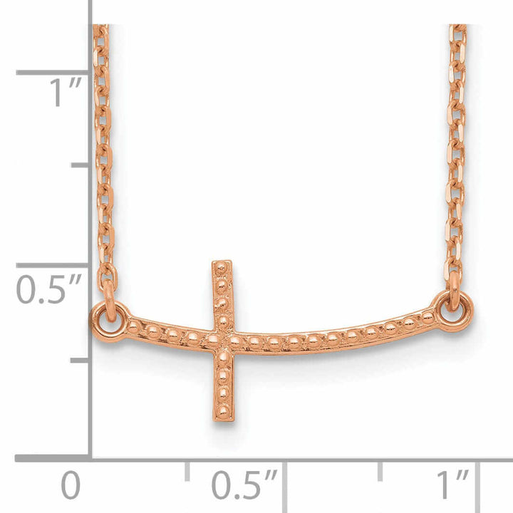 14k Rose Gold Polished Textured Finish Sideways Curved Shape Cross Pendant in a 19-Inch Cable Chain Necklace Set