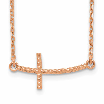 14k Rose Gold Polished Textured Finish Sideways Curved Shape Cross Pendant in a 19-Inch Cable Chain Necklace Set