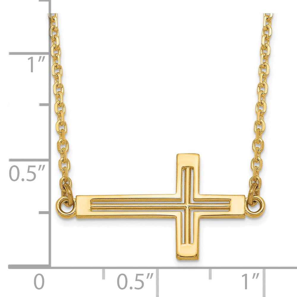 14k Yellow Gold Polished Finish Sideway Cross Cut Out Design Pendant in a 19-Inch Cable Chain Necklace Set