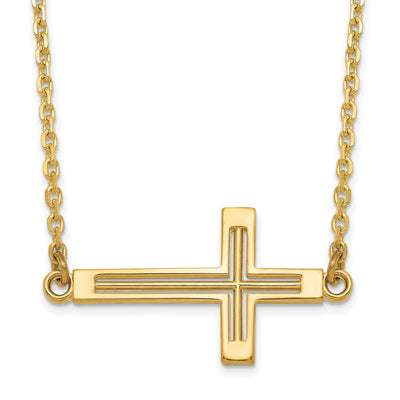 14k Yellow Gold Polished Finish Sideway Cross Cut Out Design Pendant in a 19-Inch Cable Chain Necklace Set