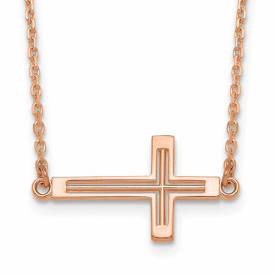14k Rose Gold Polished Finish Sideway Cross Cut Out Design Pendant in a 19-Inch Cable Chain Necklace Set