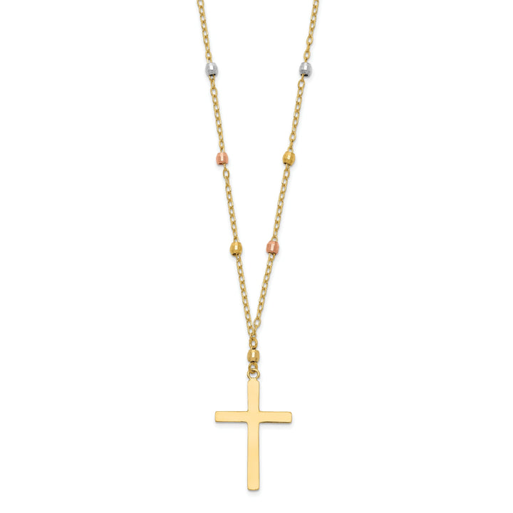 14K Tri Color Gold Soild Polished Diamond Cut Finish Beaded Cross Design Pendant in a 18-Inch Cable Chain Necklace Set