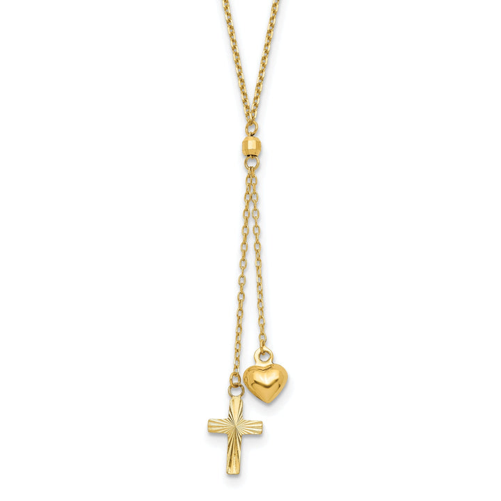 14K Yellow Gold Diamond Cut Polished Finish Puffed Heart & Cross Design Pendants in a 16-Inch, 2-Inch Extention Cable Chain Necklace Set