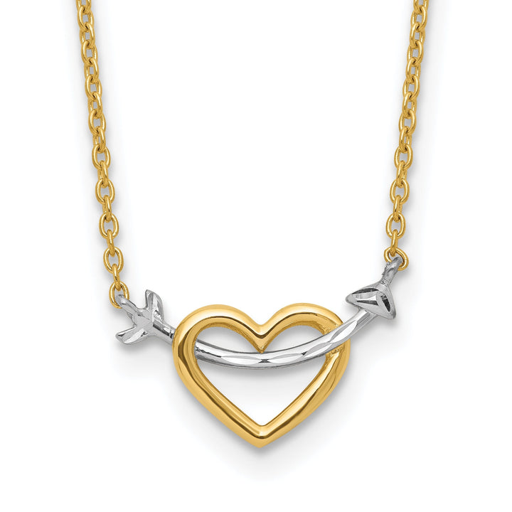 14k Yellow Gold, White Rhodium Polished D.C Finish Arrow in Heart Design Pendant in a 17-Inch Necklace Set