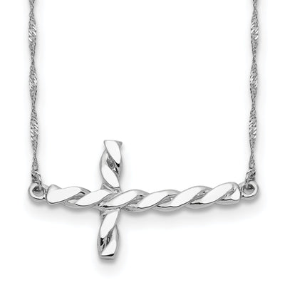 14k White Gold Polished Finish Solid Twisted Sideways Cross Pendant Design in a 17-Inch Rope Chain Necklace Set