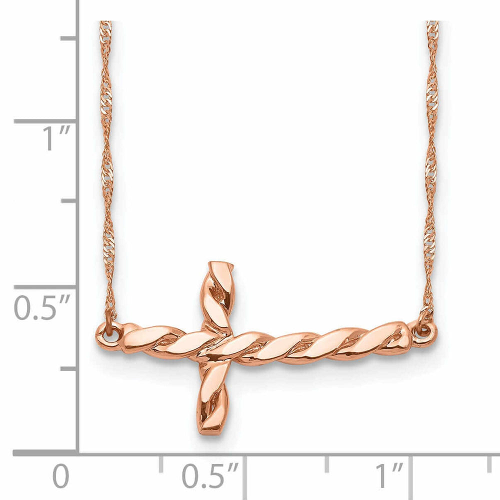 14k Rose Gold Polished Finish Solid Twisted Sideways Cross Pendant Design in a 17-Inch Rope Chain Necklace Set