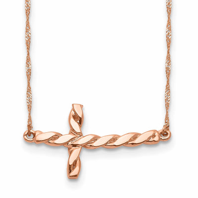 14k Rose Gold Polished Finish Solid Twisted Sideways Cross Pendant Design in a 17-Inch Rope Chain Necklace Set