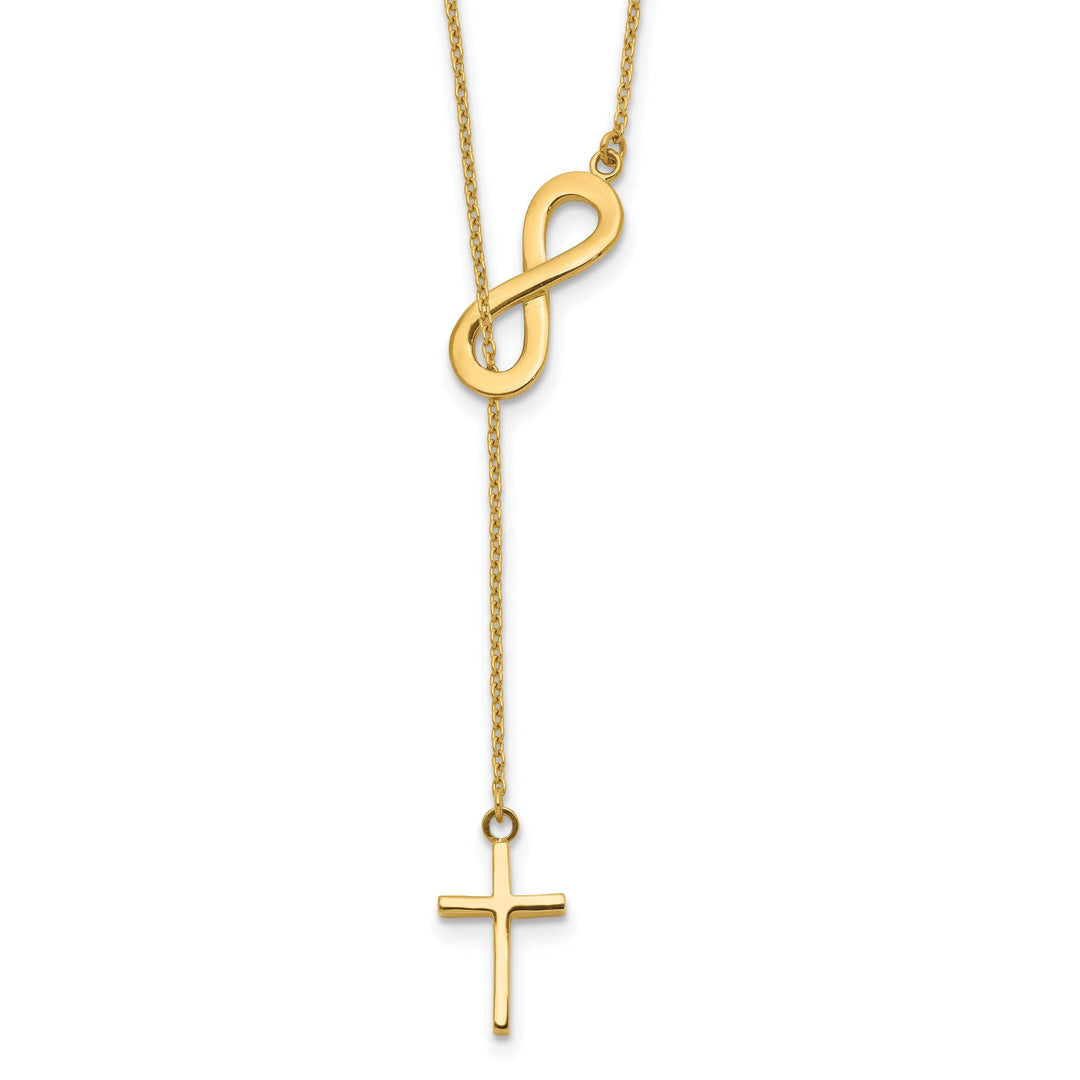 14k Yellow Gold Solid Polished Finish Infinity & Cross Design Pendant in a 18-Inch Cable Chain Lariat Necklace Set