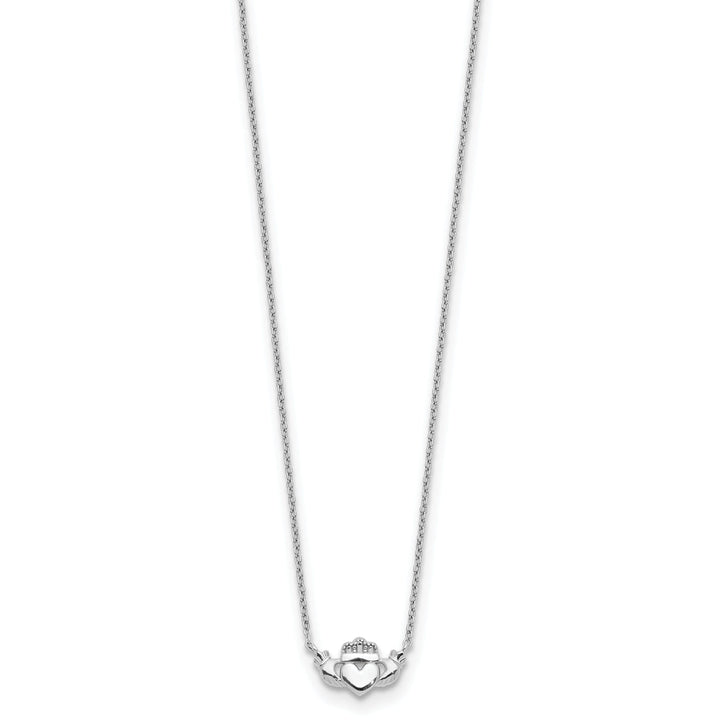 14K White Gold Solid Polished Finish Claddagh Pendant Design in a 17-inch Cable Chain Necklace Set