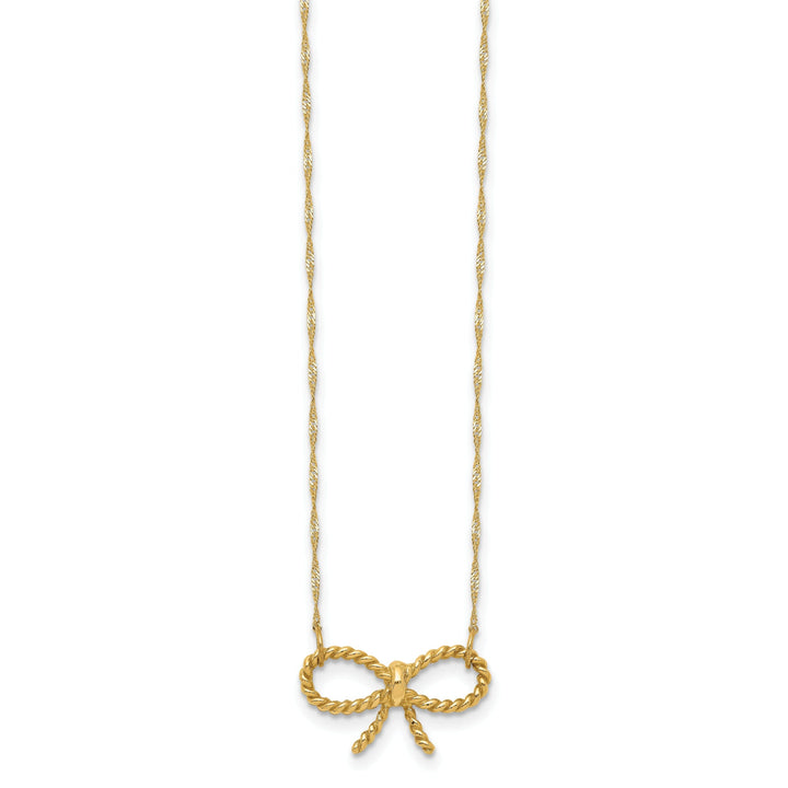 14k Yellow Gold Solid Polished Textured Finish Bow Ribbon Design Pendant in a 16.5-inch Rope Chain Necklace Set