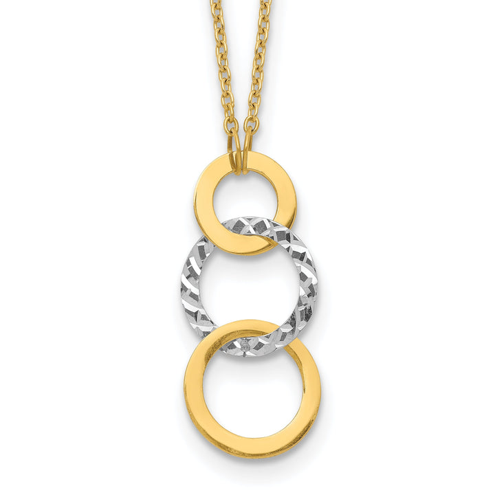 14k Two Tone Gold Solid Polished Diamond Cut Finish Textured 3-Circle Pendants Design with 17-inch Cable Chain Fancy Necklace Set